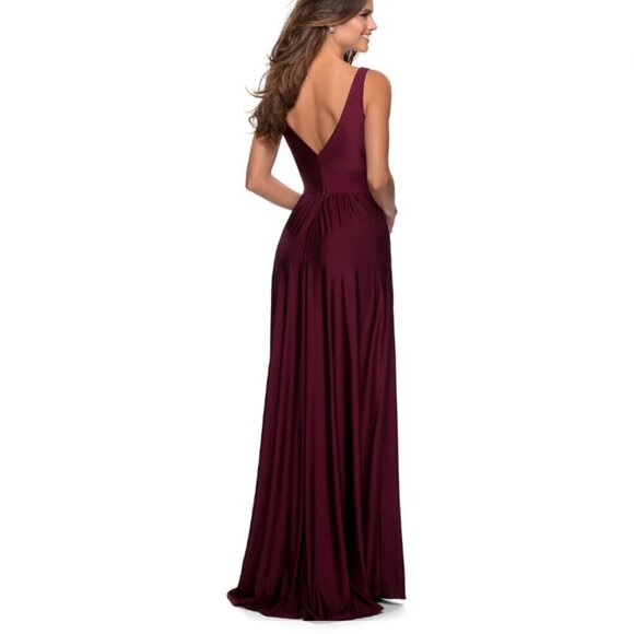 La Femme‎ Plunge Neck A-Line Gown 2 Burgundy 28547 Jersey - Picture 2 of 8